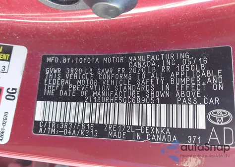 2016 Toyota Corolla Le from USA, damaged, VIN 2T1BURHE5GC689051